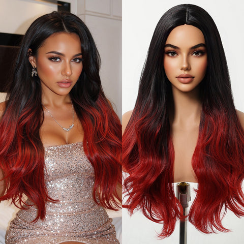 【Year End Sale】Dwy Jet Black & Red Mixed Synthetic Wig – Wavy Style