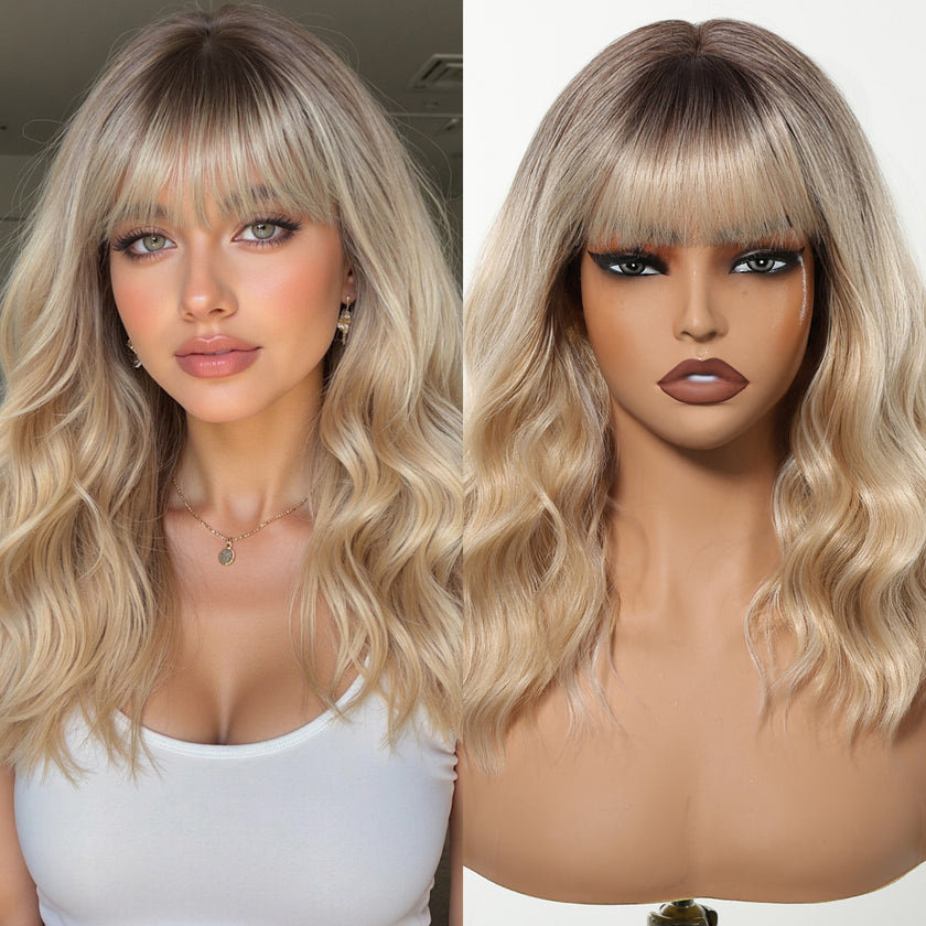 DWY Chestnut Brown Wavy Bangs Synthetic Wig