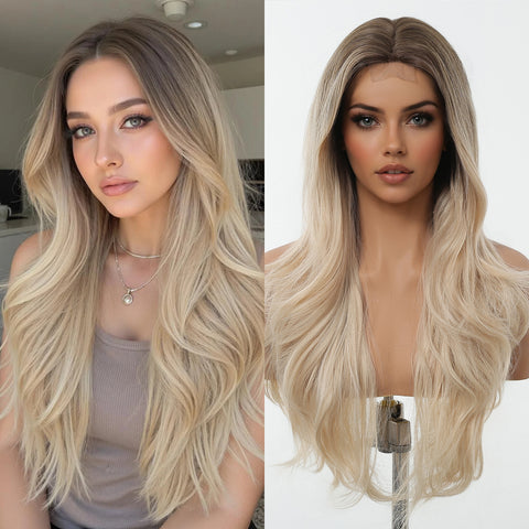 【Early Black Friday】Dwy Ombre Blonde Long Wavy  Frontal Lace Layered  Synthetic Wig