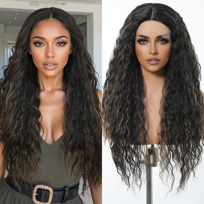 DWY Dark Brown Highlighted Curly T-Part Lace Wig for Black Women