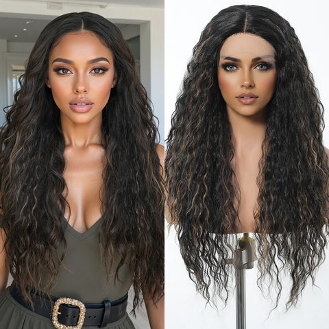 【Early Black Friday】Dwy Dark Brown Highlighted Curly T-Part Lace Wig for Black Women