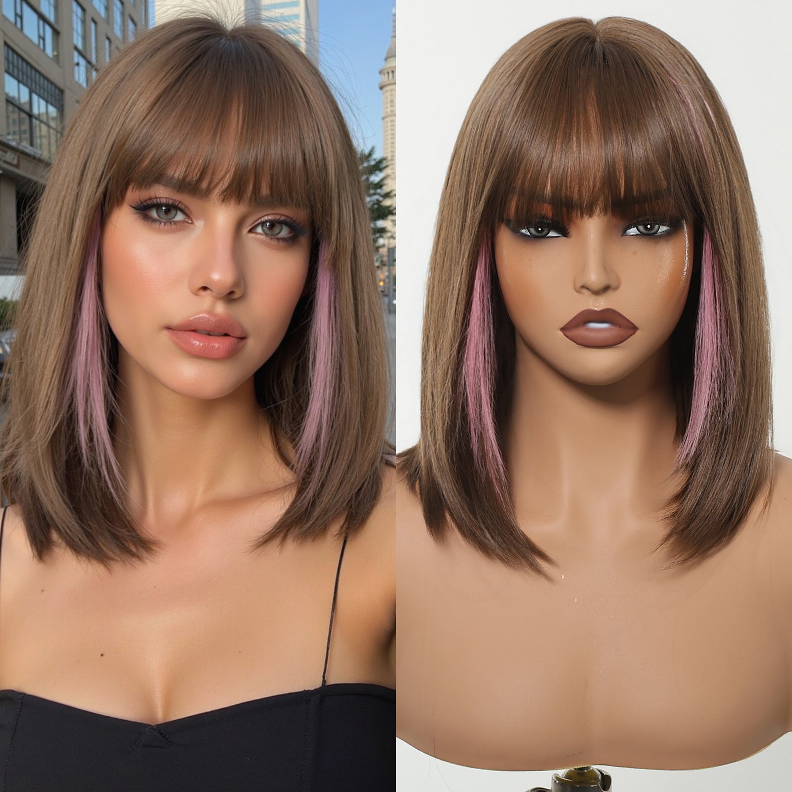 Bethany-DWY Machine Made Short Bob Straight Chestnut Brown with Pink Highlights Glueless Synthetic Wig for Women 12 Inches