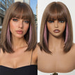 Bethany-DWY Machine Made Short Bob Straight Chestnut Brown with Pink Highlights Glueless Synthetic Wig for Women 12 Inches