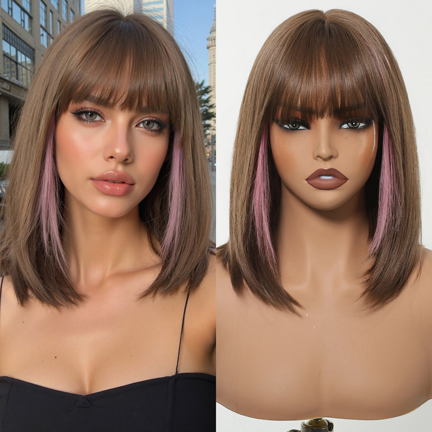 Bethany-DWY Machine Made Short Bob Straight Chestnut Brown with Pink Highlights Glueless Synthetic Wig for Women 12 Inches