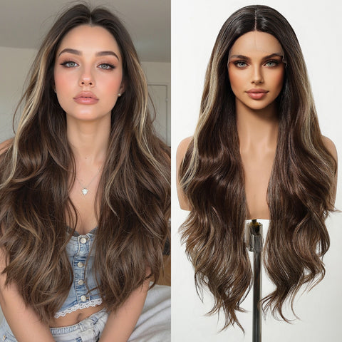 【Early Black Friday】Dwy Lace Front Natural Highlighted Brown Wavy Synthetic Wig