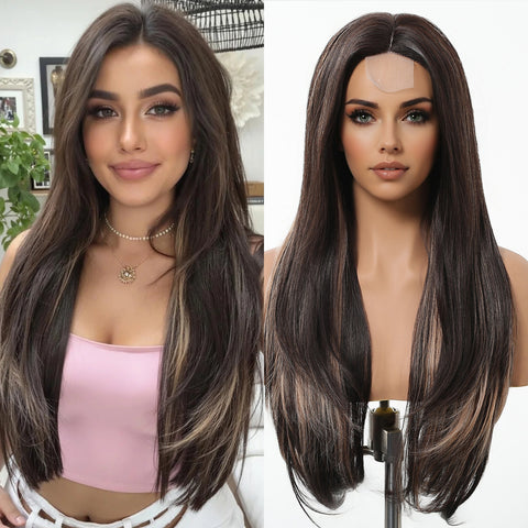 【Early Black Friday】Dwy Frontal Lace Layered Mixed Brown Natural Synthetic Wig