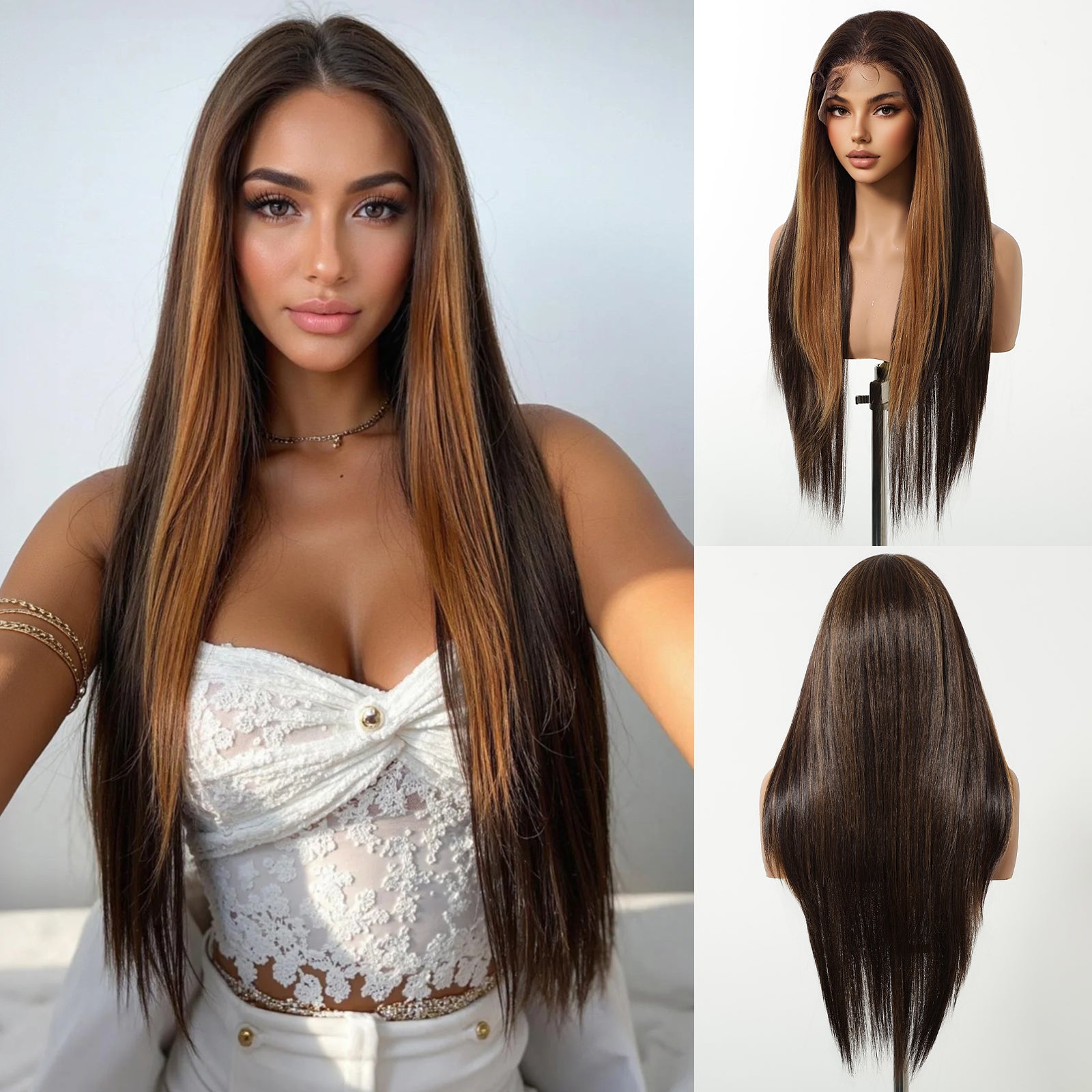 [CLEARANCE SALE] Jess C- DWY 13×6 Lace Front Free Part Long-Length Straight Layer-cut Blonde Highlighted Glueless Synthetic Wig for Women 30 Inches