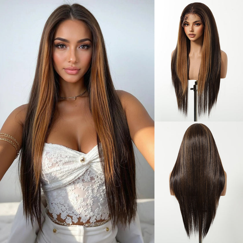 [CLEARANCE SALE] Jess C- DWY 13×6 Lace Front Free Part Long-Length Straight Layer-cut Blonde Highlighted Glueless Synthetic Wig for Women 30 Inches