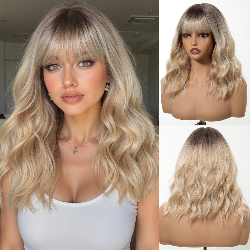 DWY Chestnut Brown Wavy Bangs Synthetic Wig