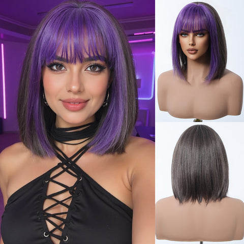 【Early Black Friday】Dwy Purple and Grey Natural Bob-Synthetic Wig
