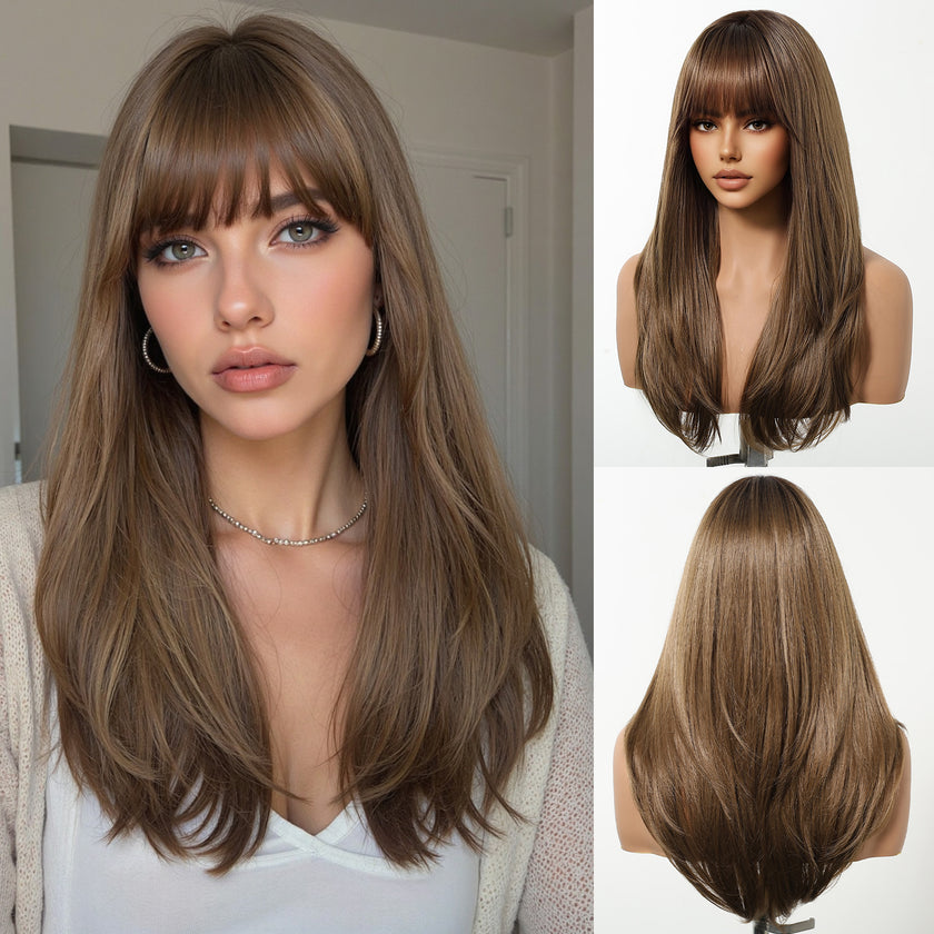 [LIMITED CLEARANCE]  DWY Machine Made Brown Straight Realistic Cute Hair Glueless Synthetic Wig for Women 24 Inches Pixie Cut Wigs Shaggy Wig Deep Wavy Wigs Deep Wave Wigs