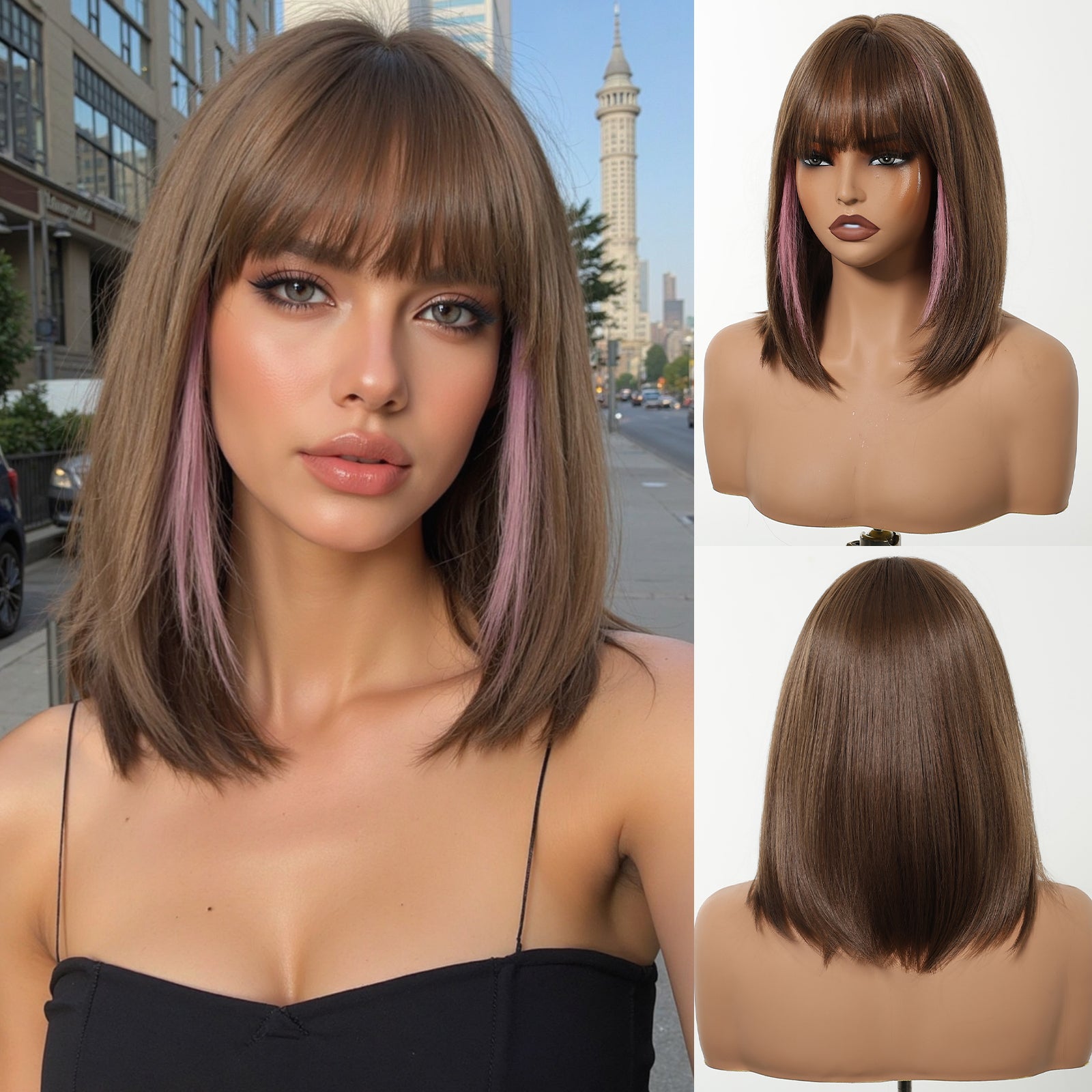 Bethany-DWY Machine Made Short Bob Straight Chestnut Brown with Pink Highlights Glueless Synthetic Wig for Women 12 Inches