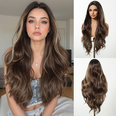 【Early Black Friday】Dwy Lace Front Natural Highlighted Brown Wavy Synthetic Wig