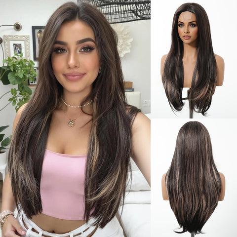 【Early Black Friday】Dwy Frontal Lace Layered Mixed Brown Natural Synthetic Wig