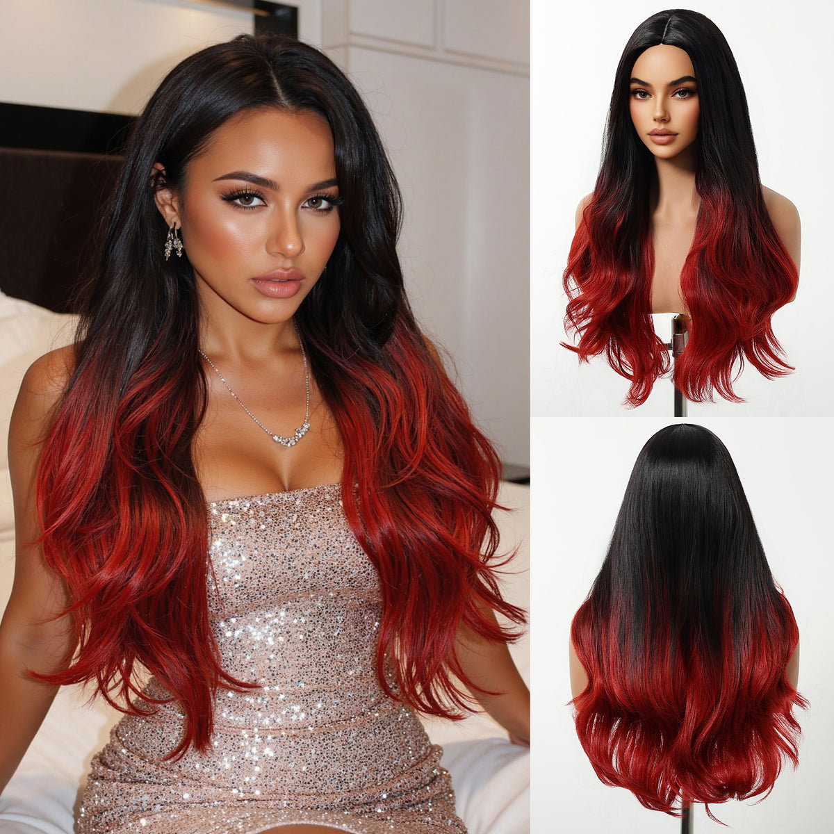 【Year End Sale】Dwy Jet Black & Red Mixed Synthetic Wig – Wavy Style