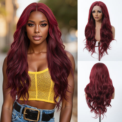 【Early Black Friday】Dwy Red Long Middle Lace Parting Wavy Synthetic Wig