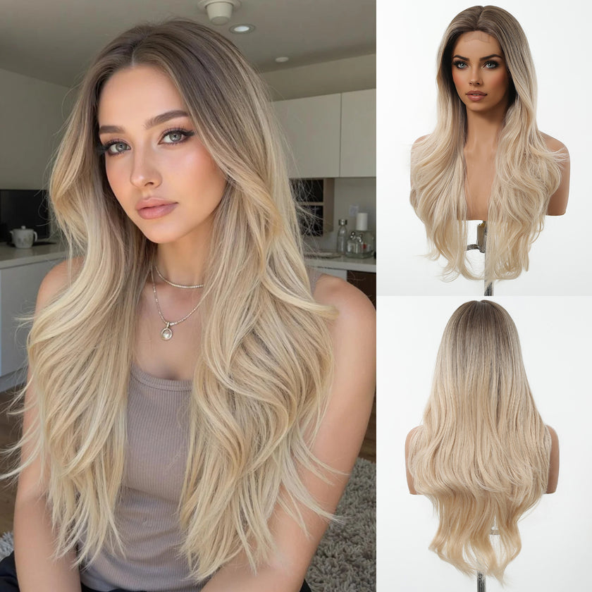 DWY Ombre Blonde Long Wavy  Frontal Lace Layered  Synthetic Wig