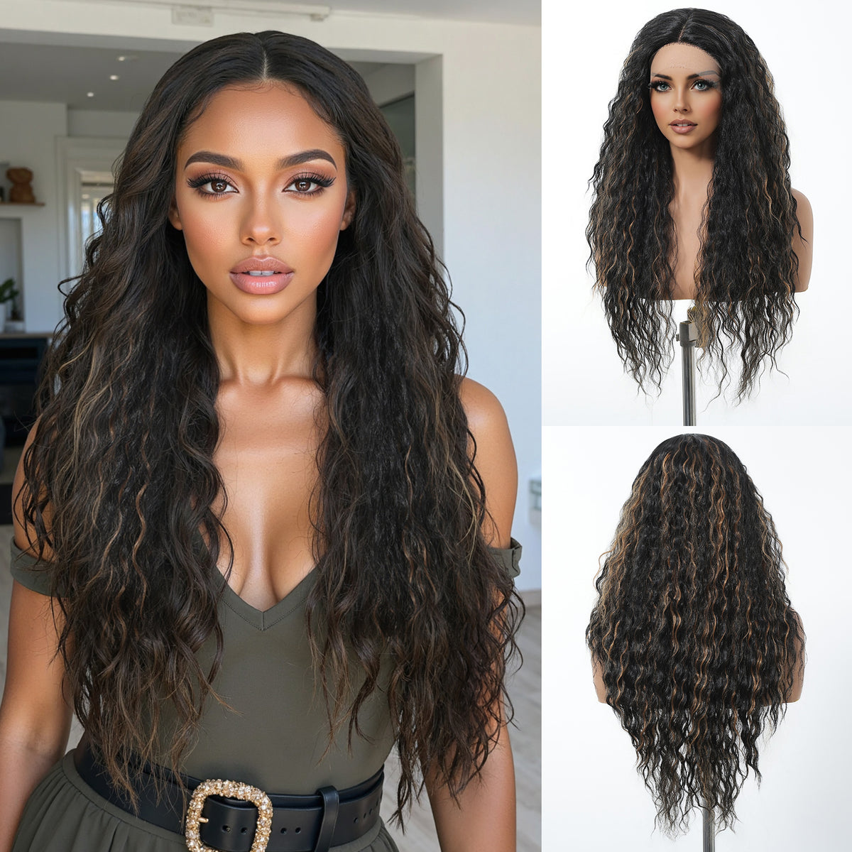 【Early Black Friday】Dwy Dark Brown Highlighted Curly T-Part Lace Wig for Black Women