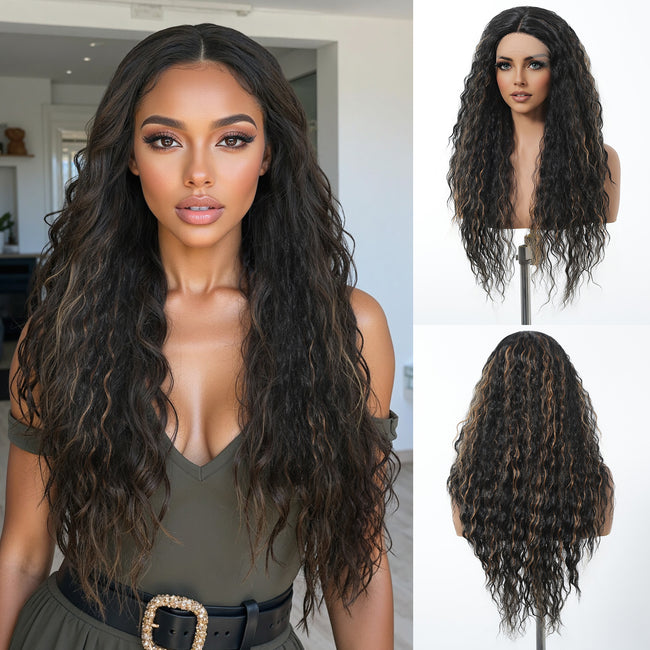DWY Dark Brown Highlighted Curly T-Part Lace Wig for Black Women