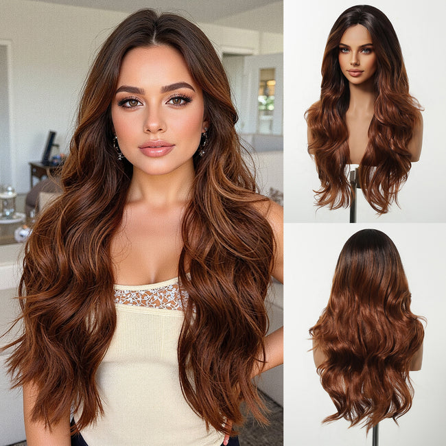 DWY Copper Brown Natural Wavy Synthetic Wig with Middle Parting