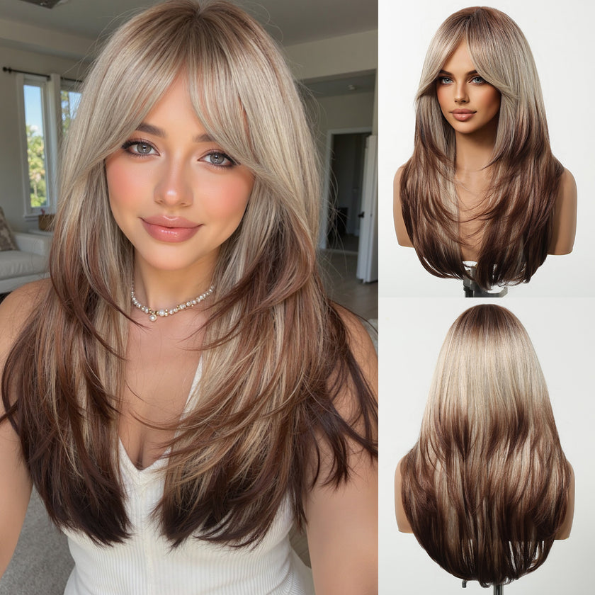 Erica-DWY Machine Made Mid-Length Straight Bleach Blonde with Brown Ends Glueless Synthetic Wig for Women 22 inches