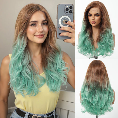 【Early Black Friday】Bold Style: Dwy Brown and Green Synthetic Wig with Free Parting