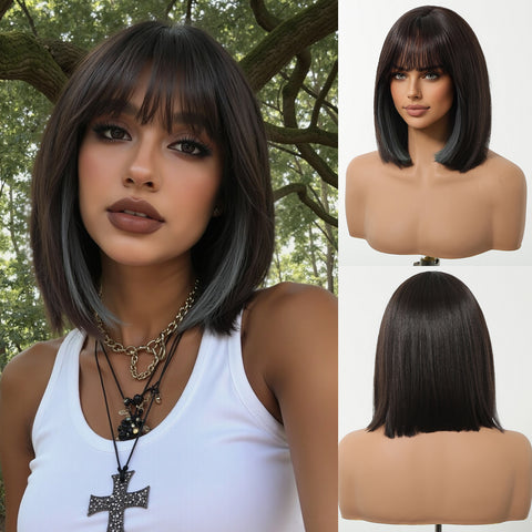 【Early Black Friday】DWY Highlighted Bob Wig with Bangs - Luxurious Synthetic Hair