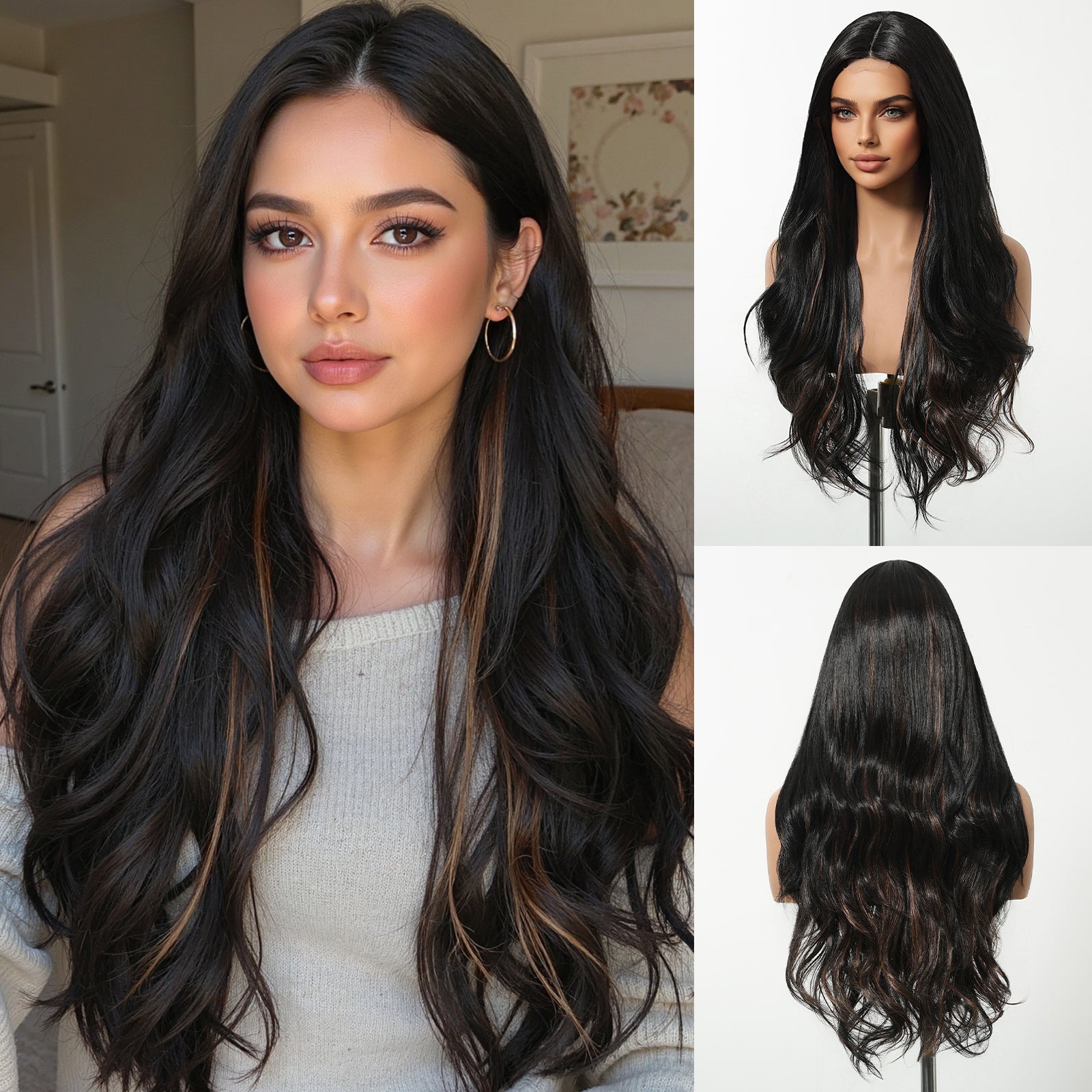 DWY Money Piece Brown Long Natural Wavy Synthetic Wig