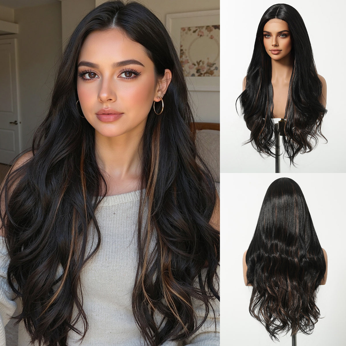 【Early Black Friday】Dwy Money Piece Brown Long Natural Wavy Synthetic Wig