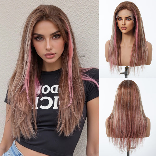 DWY  Lace Human Hair Wig – Long Length Rose Gold with Pink Highlights