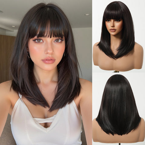 【Year End Sale】Dwy Chic Chin-Length Layered Brown Synthetic Wig with Bangs