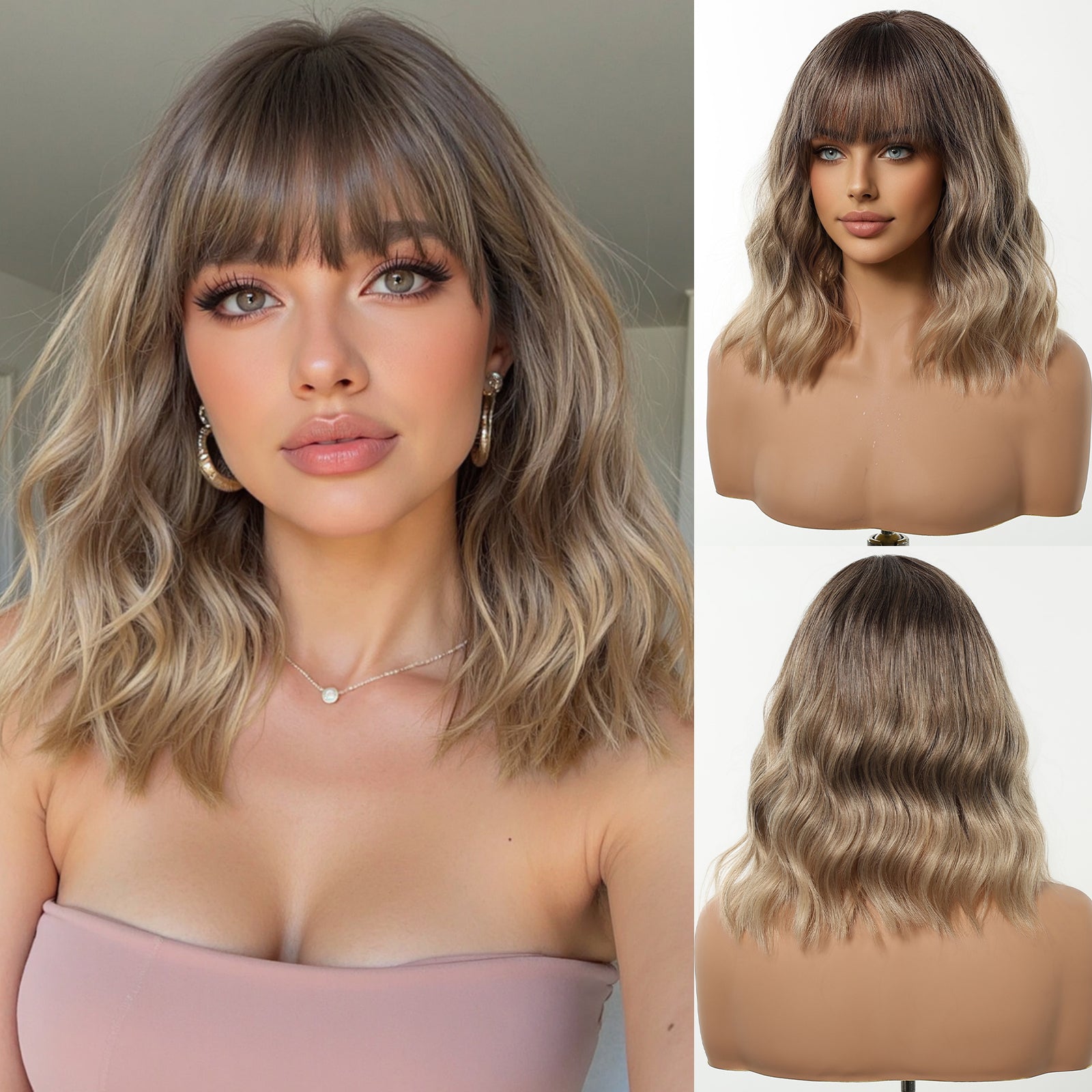Diane-DWY Machine Made Short-length Water Wave Blonde Gradient Bob Hair with Bangs Glueless Synthetic Wig for Women 14 Inches