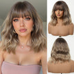 Diane-DWY Machine Made Short-length Water Wave Blonde Gradient Bob Hair with Bangs Glueless Synthetic Wig for Women 14 Inches