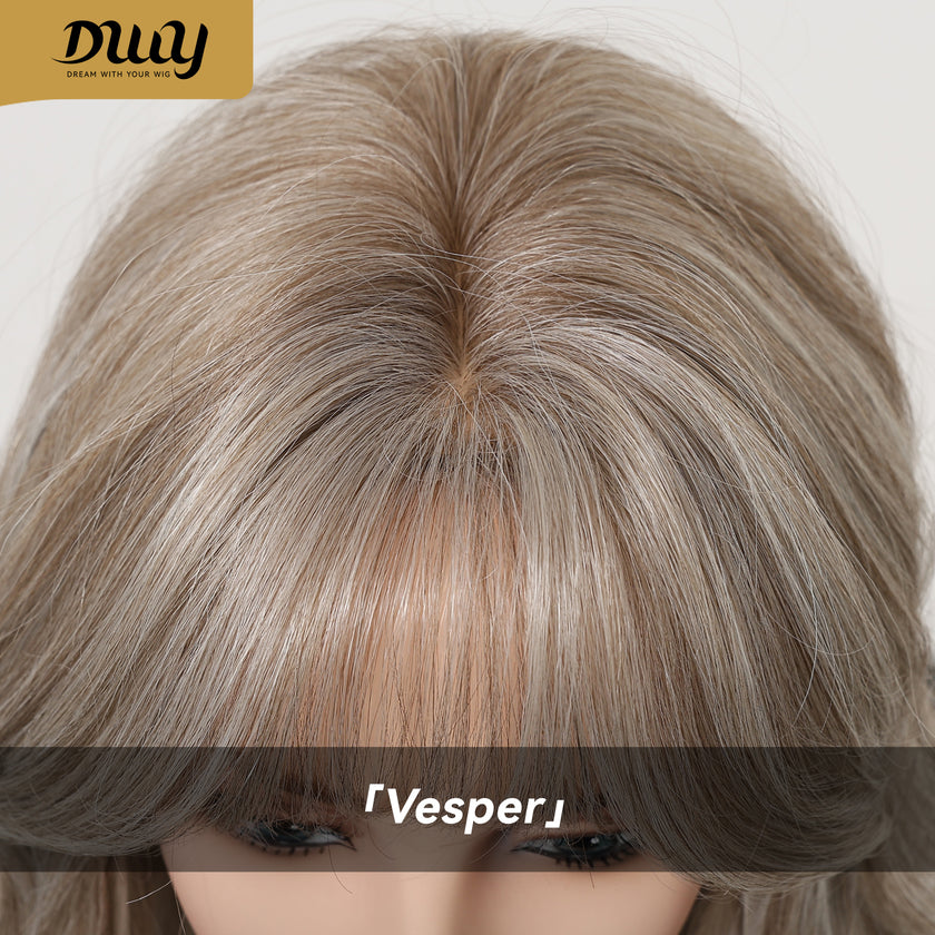 Vesper - New! DWY Bionic Silk Top 22-Inch Long Beachy Wave Ash Blonde Balayage Glueless Synthetic Wig with Bangs for Women High-Quality Premium Fiber Easy Wear Comfortable Fit Summer Looks