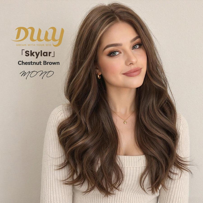 Skylar-DWY Mono Lace Front Free Part Long-Length Curly Brown with Highlights Glueless Synthetic Wig for Women 20 Inches