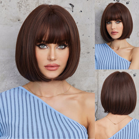 DWY 8 Inch Bob with bang red brown short straight wig for women DWY-SS155-1