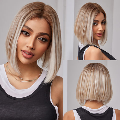 DWY Lace front 14 Inch brown mixed white short straight wig for women DWY-BL11043-1