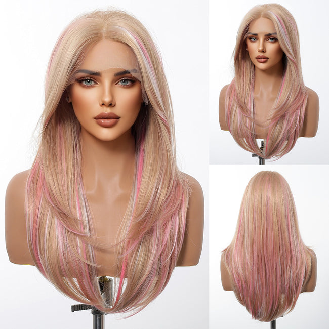 Amaris C-DWY 13×4 Lace Front Free Part Long-Length Straight Brown with Blonde Highlights Glueless Synthetic Wig