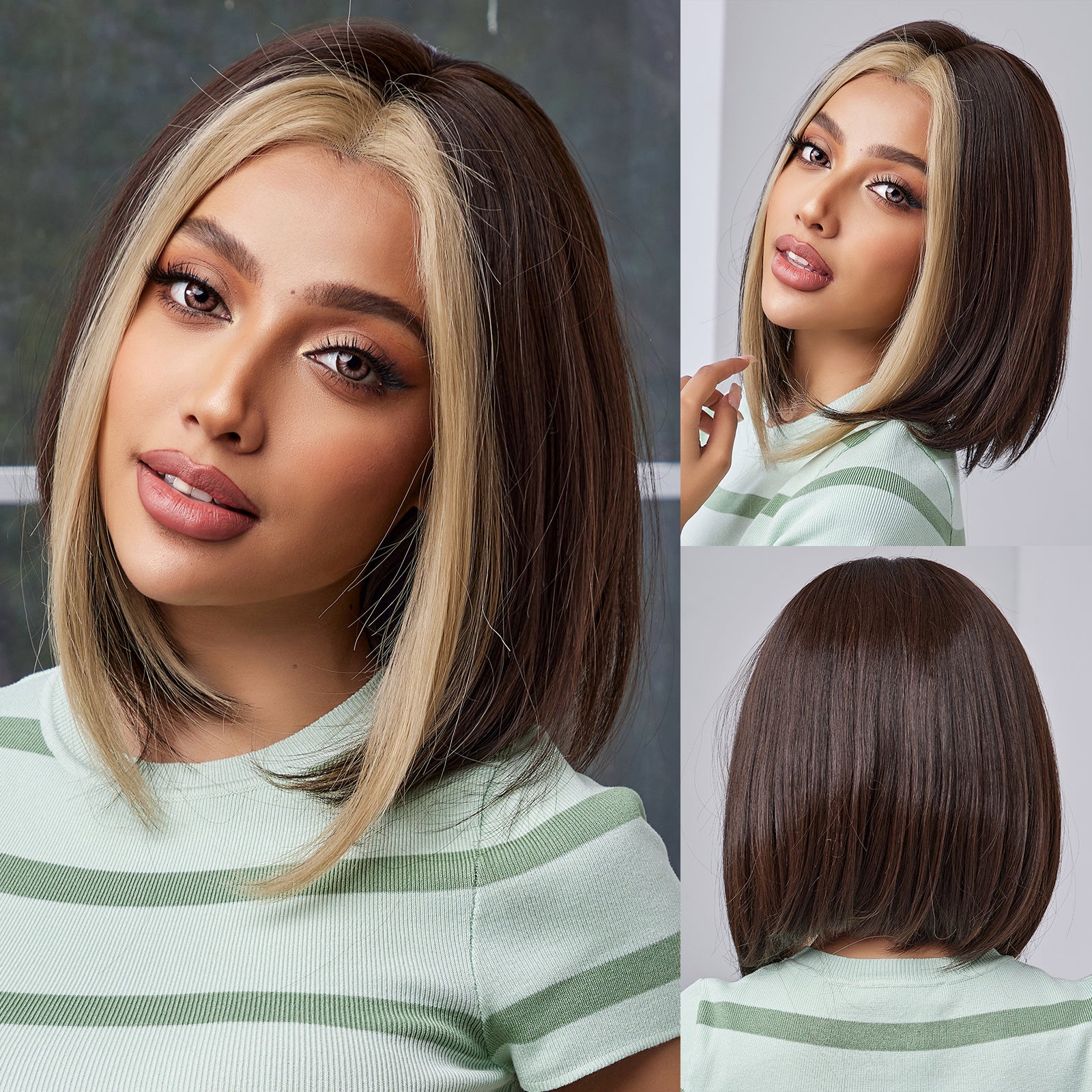 DWY Lace front 10 Inch Bob brown with golden highlight short straight wig DWY-BL66085-1