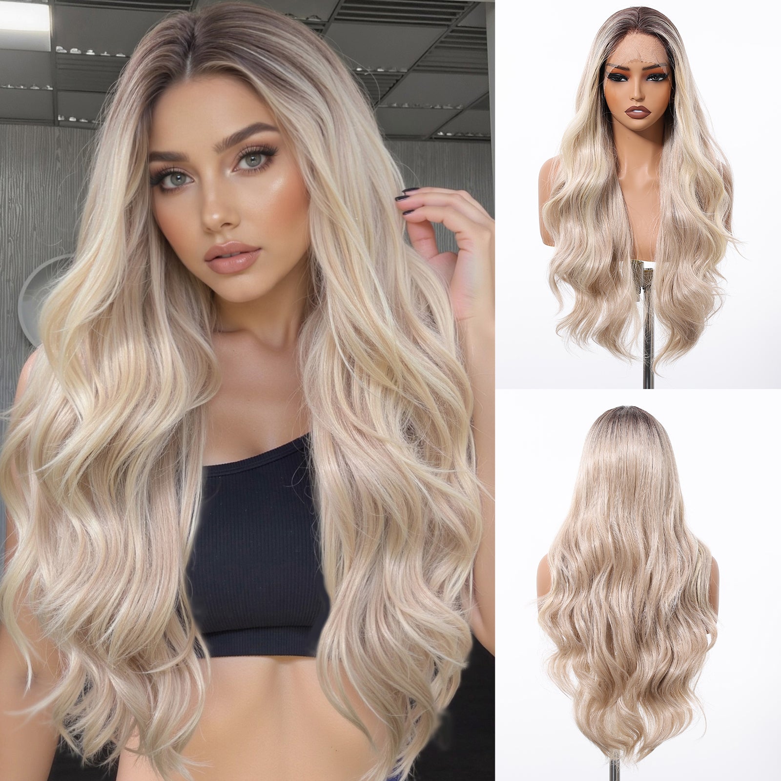 Hadley-DWY Platinum Blonde Synthetic Lace Front Long Layered Wavy Glueless Wig