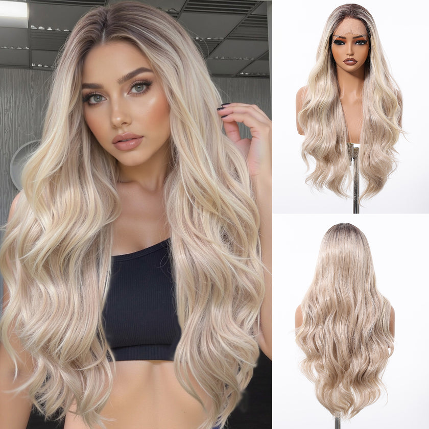 Hadley-DWY Platinum Blonde Synthetic Lace Front Long Layered Wavy Glueless Wig