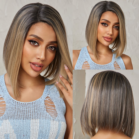 DWY Lace front 10 Inch Bob grey and golden brown short straight wig DWY-WMDZ065-1