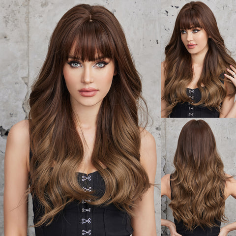 DWY 26 Inch ombre flax brown with bang long curly wig for daily life DWY-LC226-3