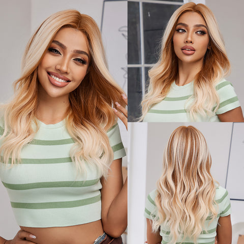 Chloe-DWY Lace front T-Part Long Rooted Blonde Curly Synthetic Wig