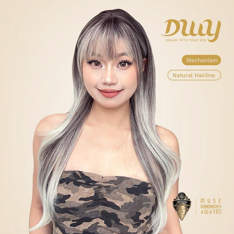 Katelynn-DWY 22-Inch Long Natural Wave Gray Gradient Brown Layered Cut Synthetic Wig