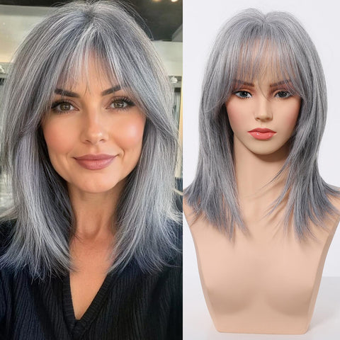 Elysia-DWY 16-Inch Brown Layered Wig with Highlights and Air Bangs - Glueless Synthetic for Women