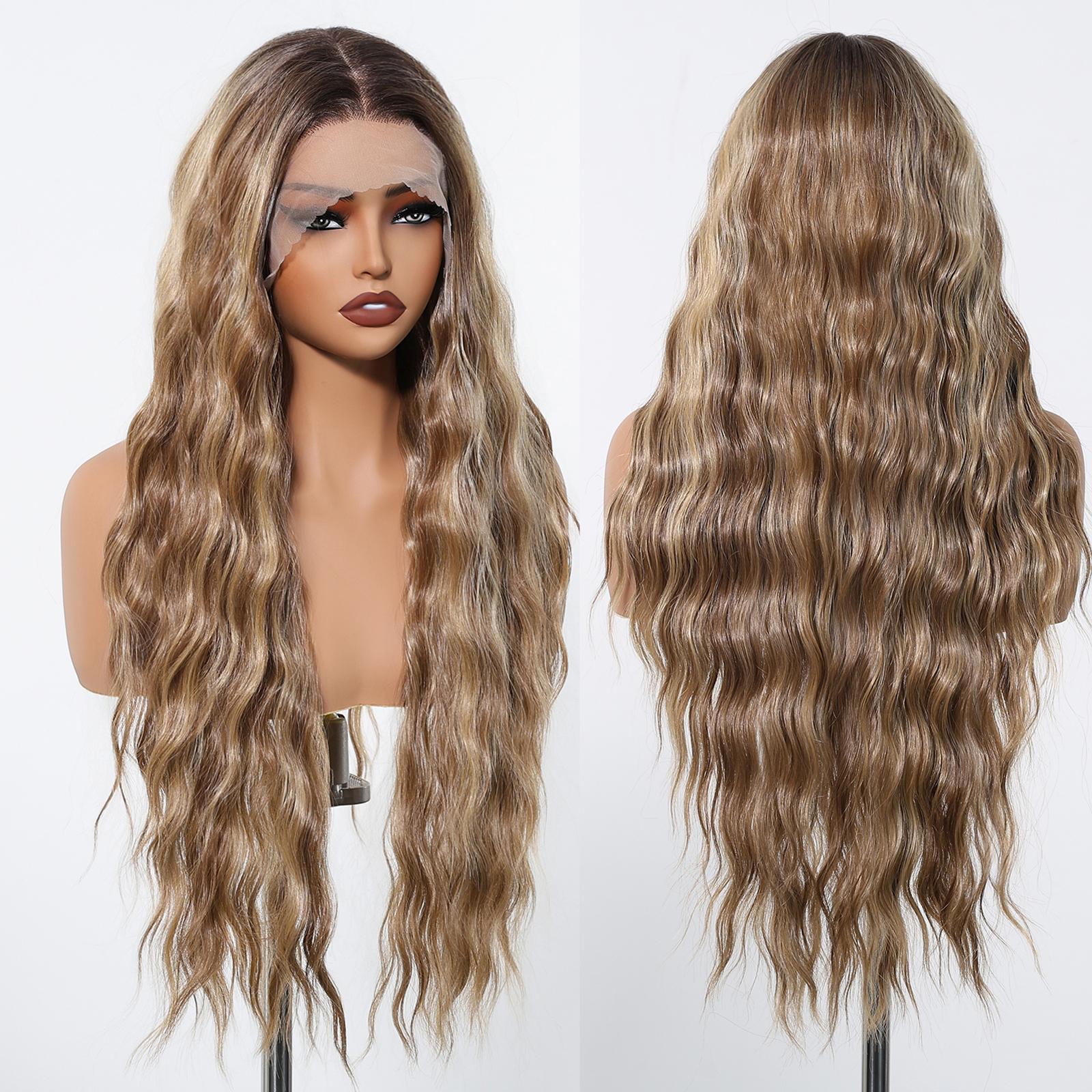 Bess-DWY 28-Inch Filter Lace Long Water Wavy Brown Wig with Highlights
