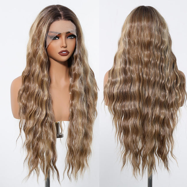 Bess-DWY 28-Inch Filter Lace Long Water Wavy Brown Wig with Highlights