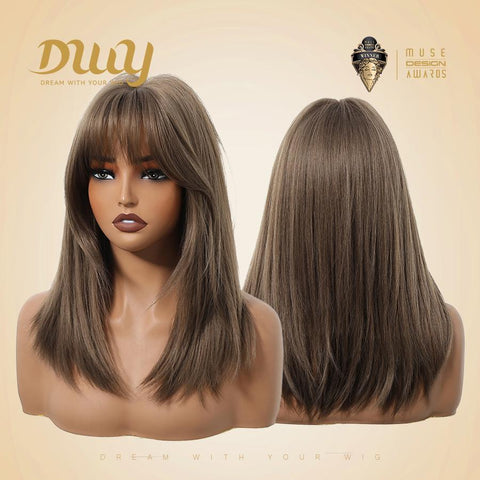 【New in】Zinnia - 16-Inch Tea Brown Mid-Length Layered Straight Wig with Bangs - Glueless Synthetic Hair