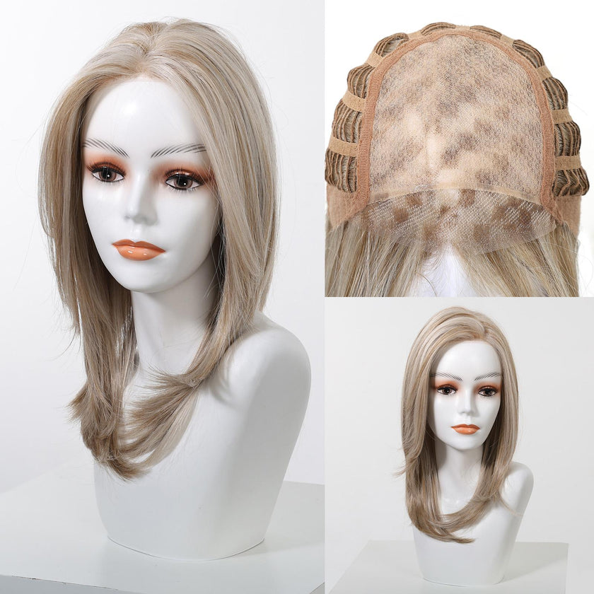 Addison-DWY 16-Inch Glueless Skin Weft Mono Lace Front Synthetic Wig - Mid-Length Brown with Highlights